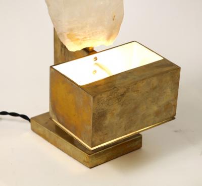 Willy Daro Patinated Brass and Rose Quartz Table Lamp in the Manner of Willy Daro