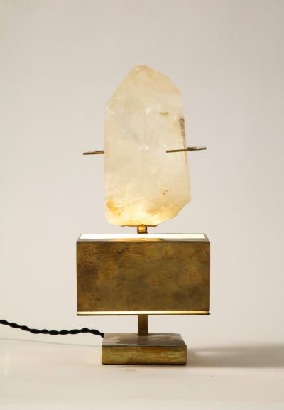 Willy Daro Patinated Brass and Rose Quartz Table Lamp in the Manner of Willy Daro