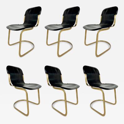 Willy Rizzo Brass Plated Leather Cantilevered Dining Chairs After Willy Rizzo Desgn
