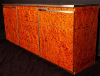 Willy Rizzo Chrome and Burl Wood Credenza in the Style of Willy Rizzo Italy 1970