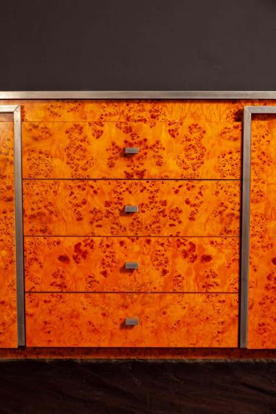 Willy Rizzo Chrome and Burl Wood Credenza in the Style of Willy Rizzo Italy 1970