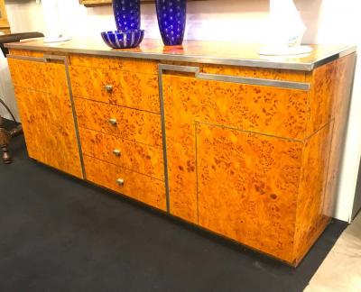 Willy Rizzo Chrome and Burl Wood Credenza in the Style of Willy Rizzo Italy 1970