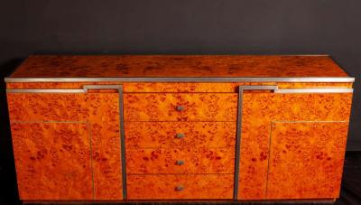 Willy Rizzo Chrome and Burl Wood Credenza in the Style of Willy Rizzo Italy 1970