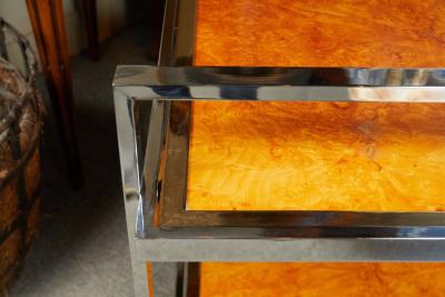 Willy Rizzo F 08 stylish chrome and burl wood bar cart by Willy Rizzo