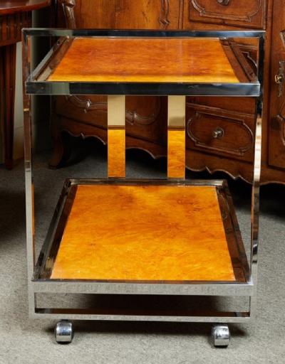Willy Rizzo F 08 stylish chrome and burl wood bar cart by Willy Rizzo