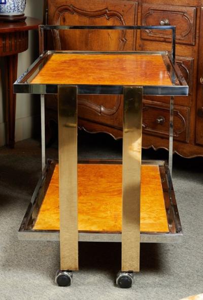 Willy Rizzo F 08 stylish chrome and burl wood bar cart by Willy Rizzo