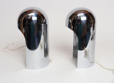 Willy Rizzo Pair of Italian Modern Space Age Sculptural Chrome Helmet Table Lamps