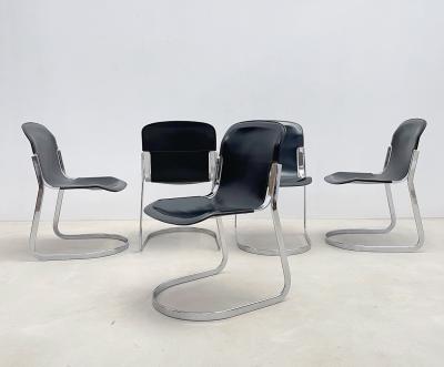 Willy Rizzo Set of Six Dining Chairs by Willy Rizzo for Cidue in Leather Steel