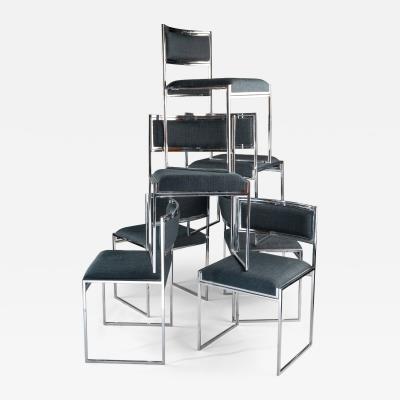 Willy Rizzo Set of eight dining chairs in chrome plated metal and fabric Italy 1970s