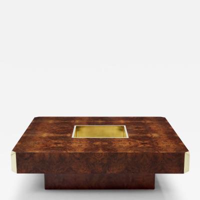 Willy Rizzo Willy Rizzo burl wood and brass square bar coffee table Alveo 1970s