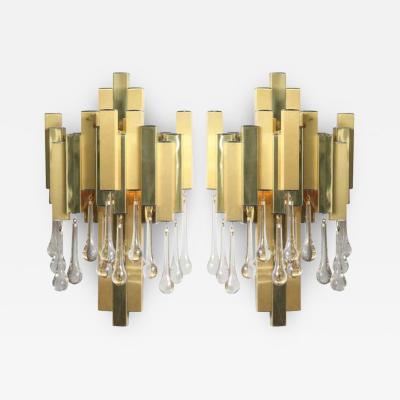 Willy Rizzo Willy Rizzo for BD Lumica Pair of Brutalist Sconces with Glass Tear Drops