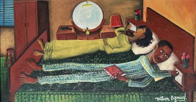 Wilson Bigaud Haitian Couple in Bed Simultaneously Adjusting their Radios Surrealism