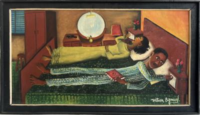 Wilson Bigaud Haitian Couple in Bed Simultaneously Adjusting their Radios Surrealism