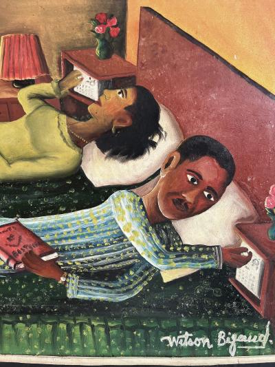 Wilson Bigaud Haitian Couple in Bed Simultaneously Adjusting their Radios Surrealism