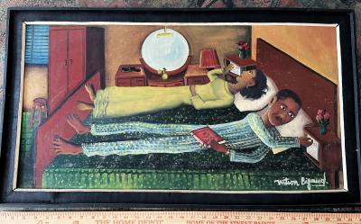 Wilson Bigaud Haitian Couple in Bed Simultaneously Adjusting their Radios Surrealism