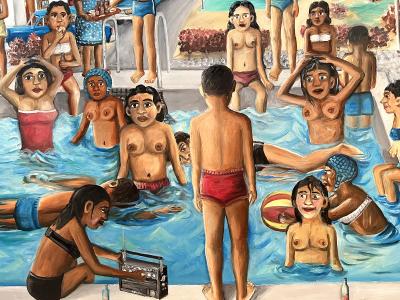 Wilson Bigaud What Are They Looking At Sexy Nude Naive Caribbean Art Swimming Pool