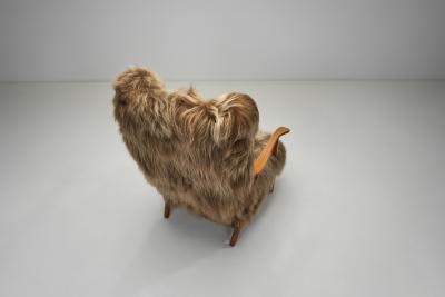 Wingback Armchair in Brown Longhair Sheepskin Denmark 1960s