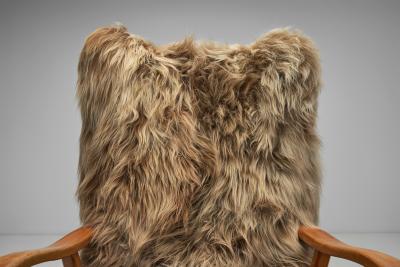 Wingback Armchair in Brown Longhair Sheepskin Denmark 1960s