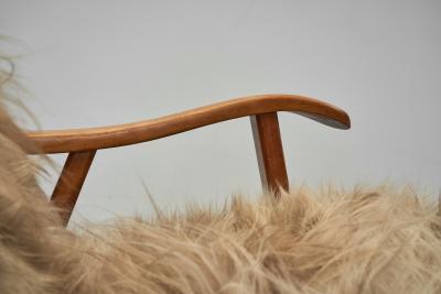 Wingback Armchair in Brown Longhair Sheepskin Denmark 1960s