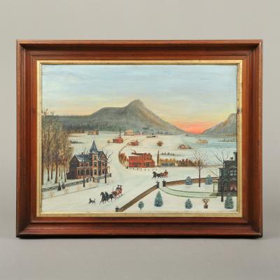 Winter Village Scene with Horse Drawn Sleighs