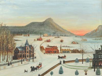 Winter Village Scene with Horse Drawn Sleighs