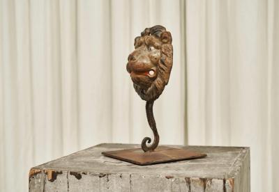 Wonderful Antique Lions Head in Polychrome and Cast Iron on Stand