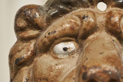 Wonderful Antique Lions Head in Polychrome and Cast Iron on Stand