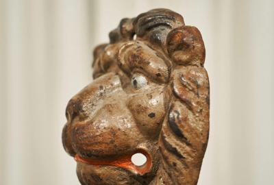 Wonderful Antique Lions Head in Polychrome and Cast Iron on Stand