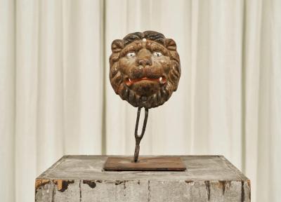 Wonderful Antique Lions Head in Polychrome and Cast Iron on Stand