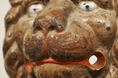 Wonderful Antique Lions Head in Polychrome and Cast Iron on Stand