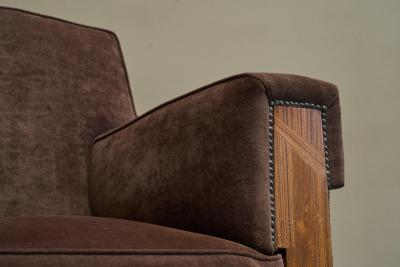 Wonderful Art Deco Lounge Chair in Velvet and Inlaid Wood 1930s