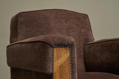 Wonderful Art Deco Lounge Chair in Velvet and Inlaid Wood 1930s