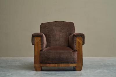 Wonderful Art Deco Lounge Chair in Velvet and Inlaid Wood 1930s