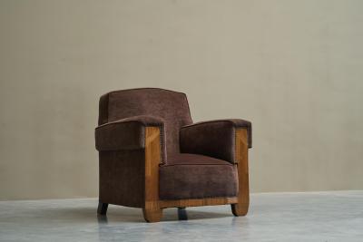 Wonderful Art Deco Lounge Chair in Velvet and Inlaid Wood 1930s