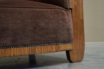 Wonderful Art Deco Lounge Chair in Velvet and Inlaid Wood 1930s