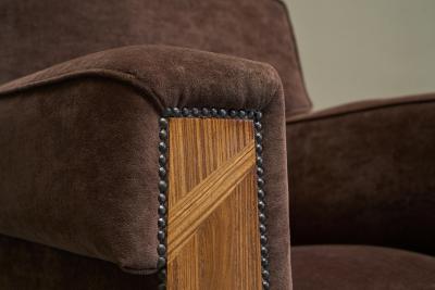 Wonderful Art Deco Lounge Chair in Velvet and Inlaid Wood 1930s
