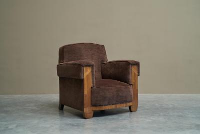 Wonderful Art Deco Lounge Chair in Velvet and Inlaid Wood 1930s