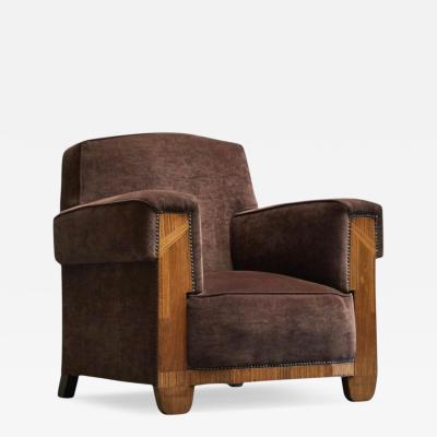 Wonderful Art Deco Lounge Chair in Velvet and Inlaid Wood 1930s