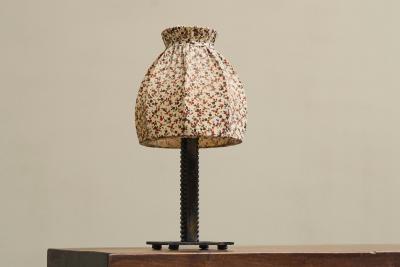 Wonderful Art Deco Table Lamp in Wrought Iron with Floral Shade Belgium 1930s