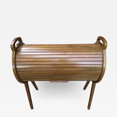 Wonderful Danish Modern Teak Cylindrical Roll Top Sewing Caddy Basket