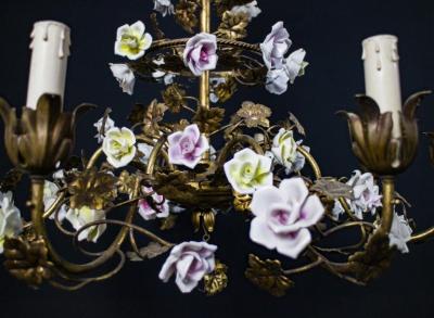Wonderful Italian Cage Form Chandelier with Colorful Porcelain Flowers