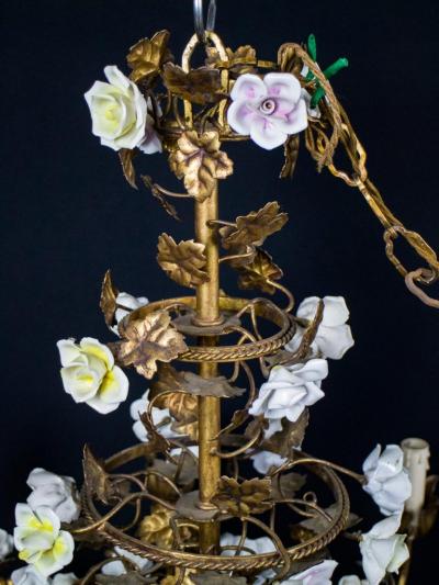 Wonderful Italian Cage Form Chandelier with Colorful Porcelain Flowers