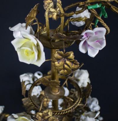 Wonderful Italian Cage Form Chandelier with Colorful Porcelain Flowers