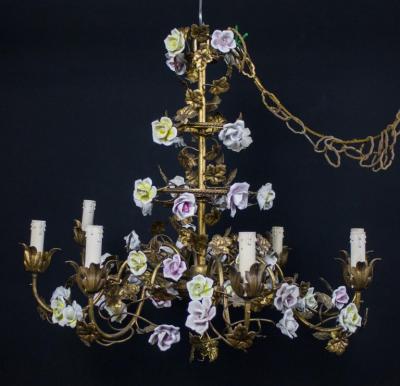 Wonderful Italian Cage Form Chandelier with Colorful Porcelain Flowers