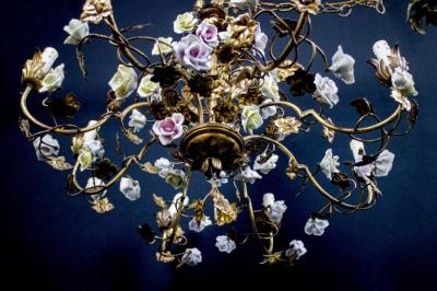 Wonderful Italian Cage Form Chandelier with Colorful Porcelain Flowers