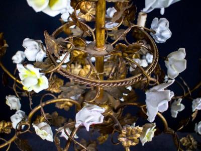Wonderful Italian Cage Form Chandelier with Colorful Porcelain Flowers
