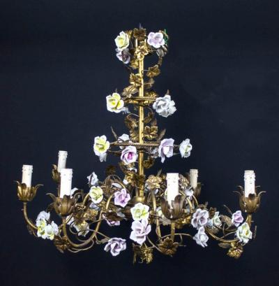 Wonderful Italian Cage Form Chandelier with Colorful Porcelain Flowers