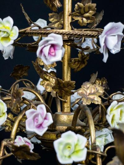 Wonderful Italian Cage Form Chandelier with Colorful Porcelain Flowers