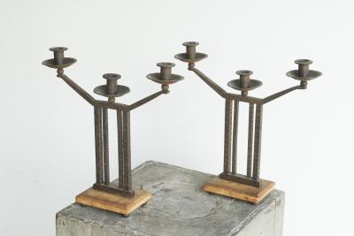 Wonderful Pair of Art Deco Candle Holders in Wrought Iron and Stone 1930s
