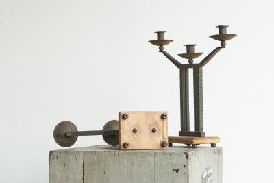 Wonderful Pair of Art Deco Candle Holders in Wrought Iron and Stone 1930s